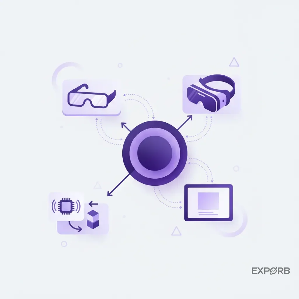 Icon composition showing various interactive technologies: AR glasses, a VR headset, a touchscreen display, and an RFID chip.