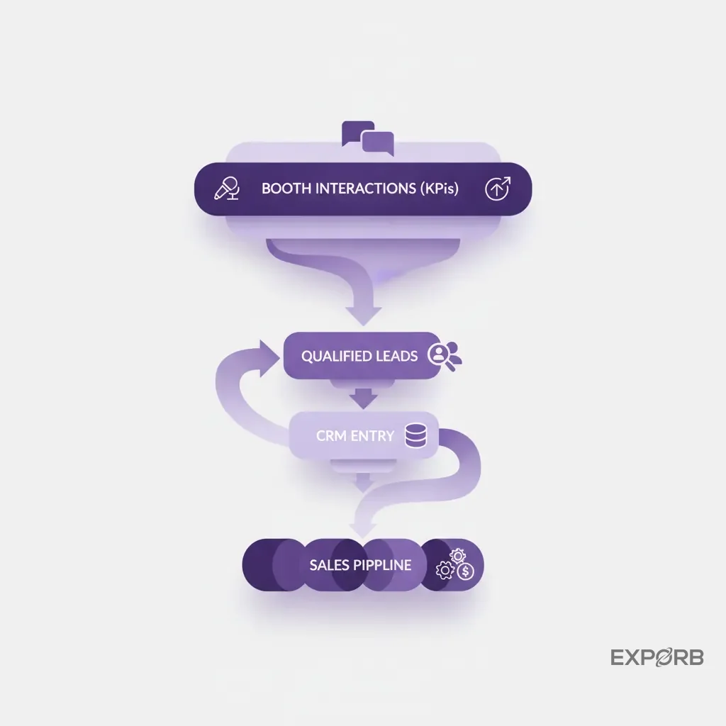 Funnel diagram showing how booth interactions (KPIs) translate into qualified leads, which then flow into the CRM and sales pipeline.