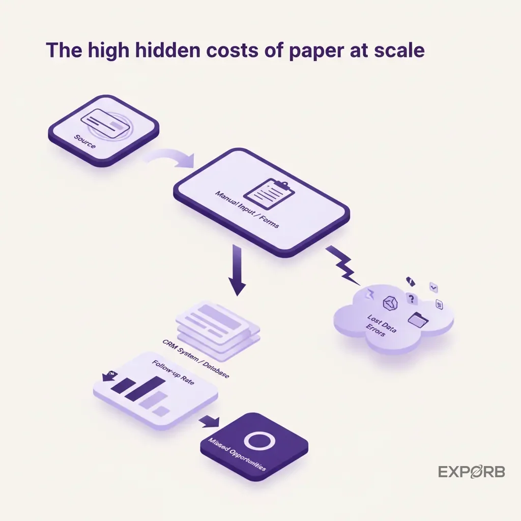 Diagram showing a broken traditional lead capture flow with lost data icons