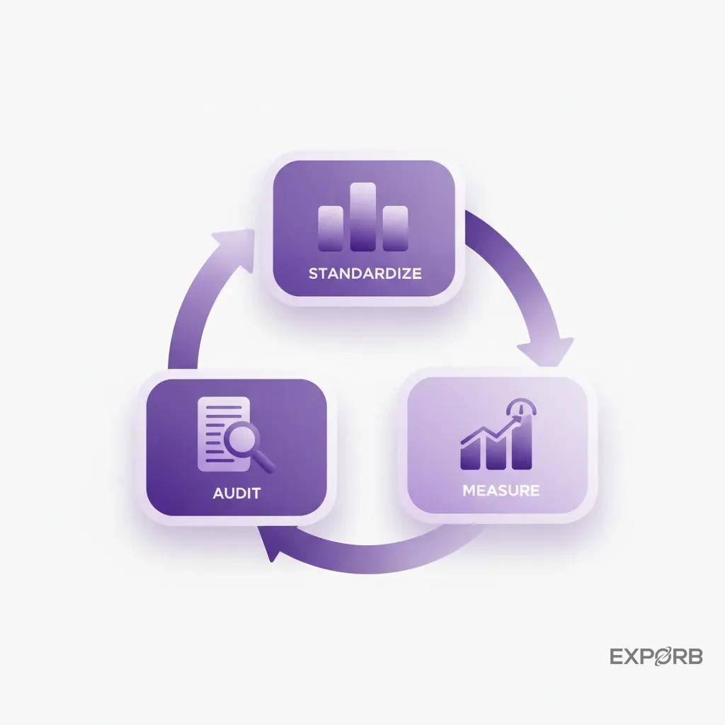 A simple three-step infographic: Step 1 icon for 'Audit,' Step 2 icon for 'Standardize,' and Step 3 icon for 'Measure.' Arrows connect the steps in a cycle.