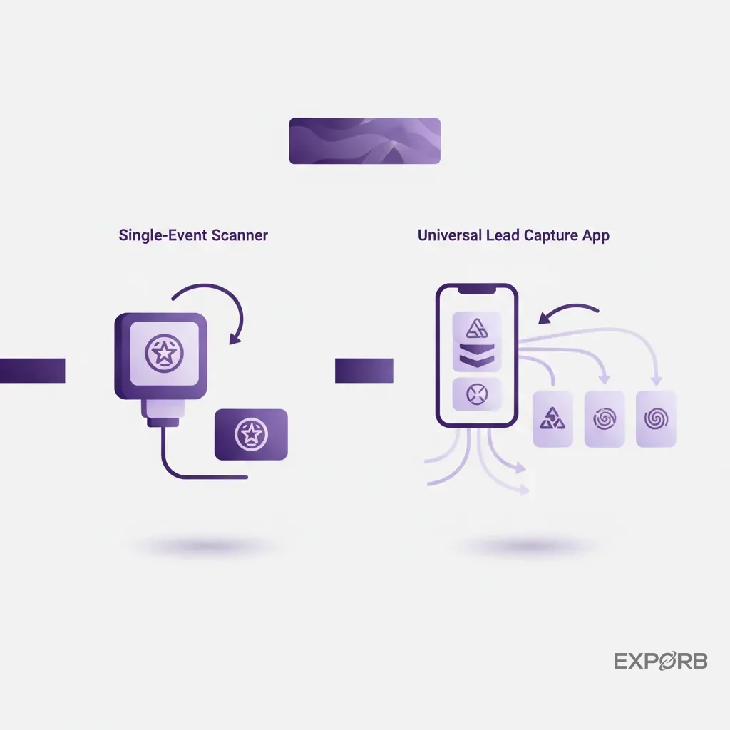 Infographic comparing a single-event lead retrieval device on the left with a universal lead capture app on a smartphone on the right, showing it works across multiple event logos.