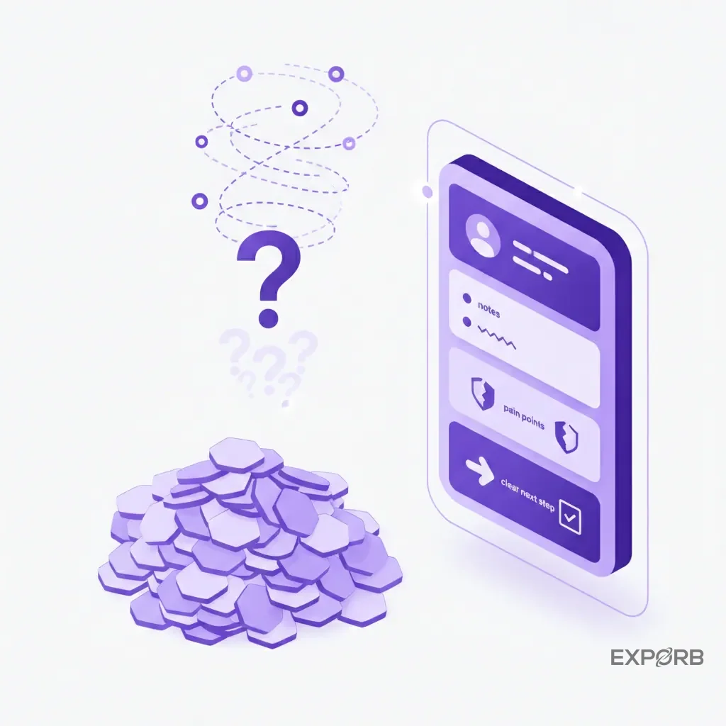 Illustration contrasting a pile of scanned badges leading to a question mark with a single, rich lead profile showing conversation notes, pain points, and a clear next step.