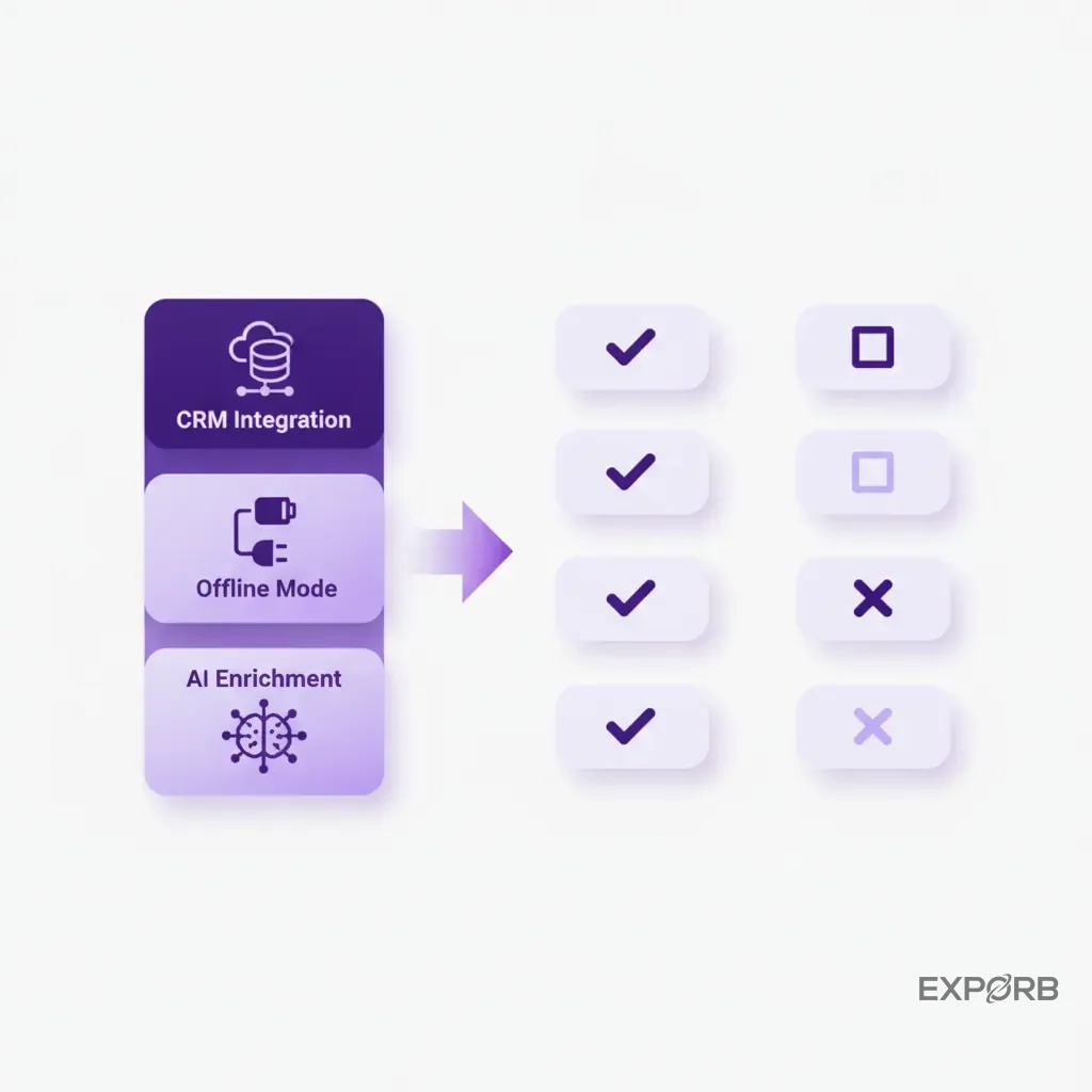 A feature comparison checklist infographic for evaluating lead retrieval systems, including items like offline mode, CRM integration, and AI enrichment.