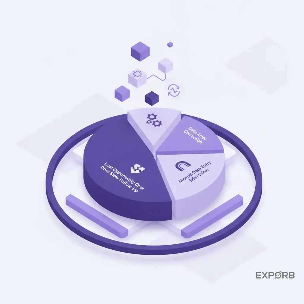 A pie chart breaking down the Total Cost of Ownership (TCO) for lead capture, with slices for rental fees, manual data entry labor, data error correction, and lost opportunity cost from slow follow-up.