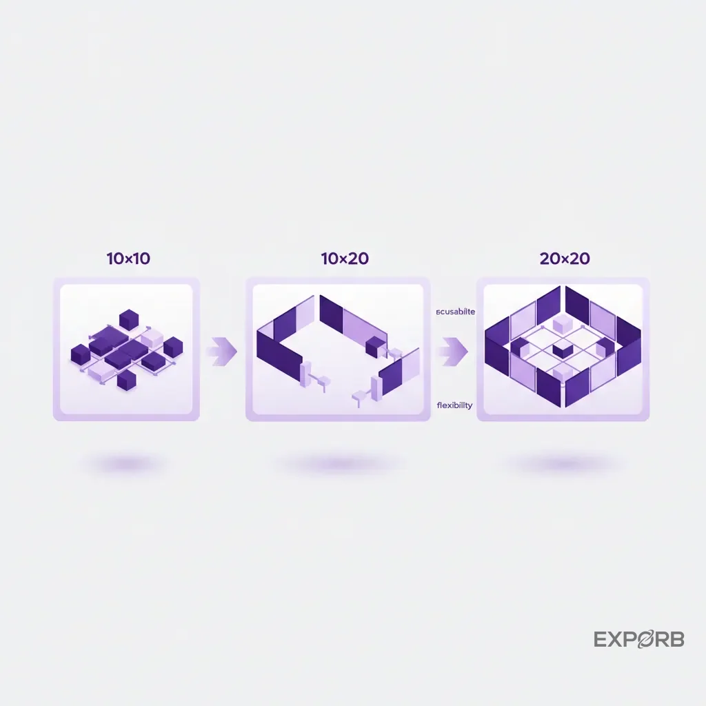 Diagram showing how modular booth components can be reconfigured for a 10x10, 10x20, and 20x20 layout.