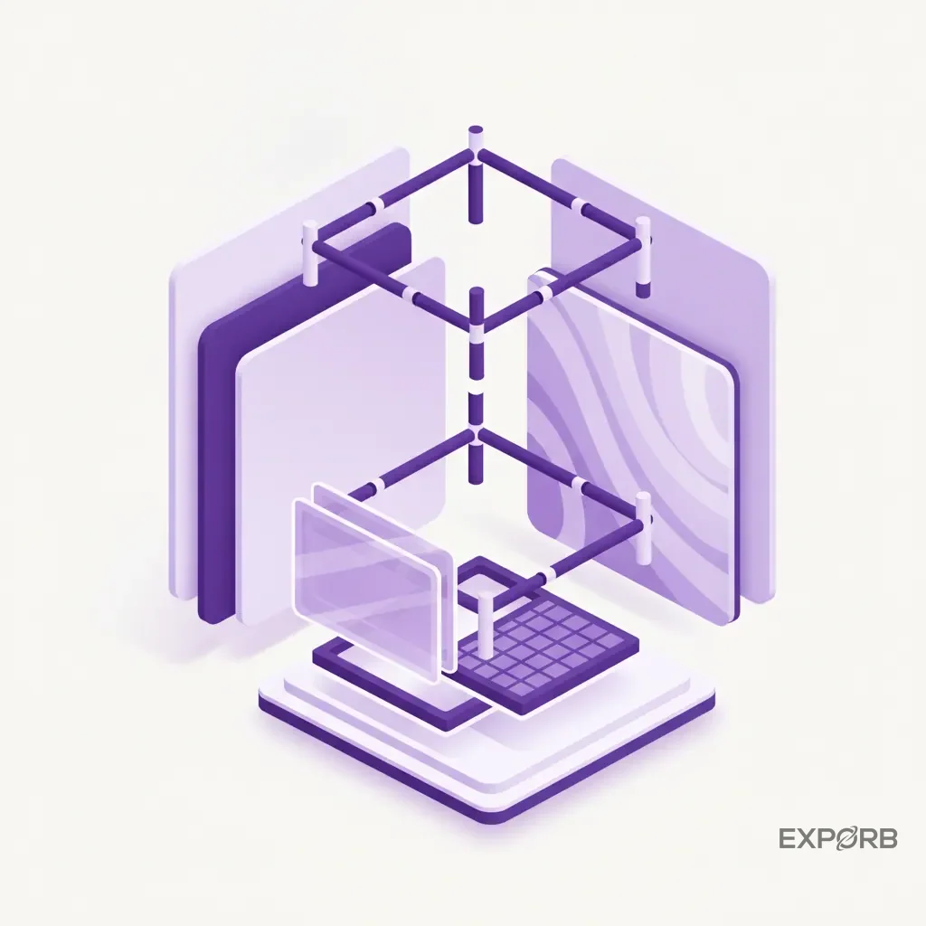 Exploded-view diagram of a modular booth's key components: aluminum frame, tension fabric graphic, and LED lightbox module.