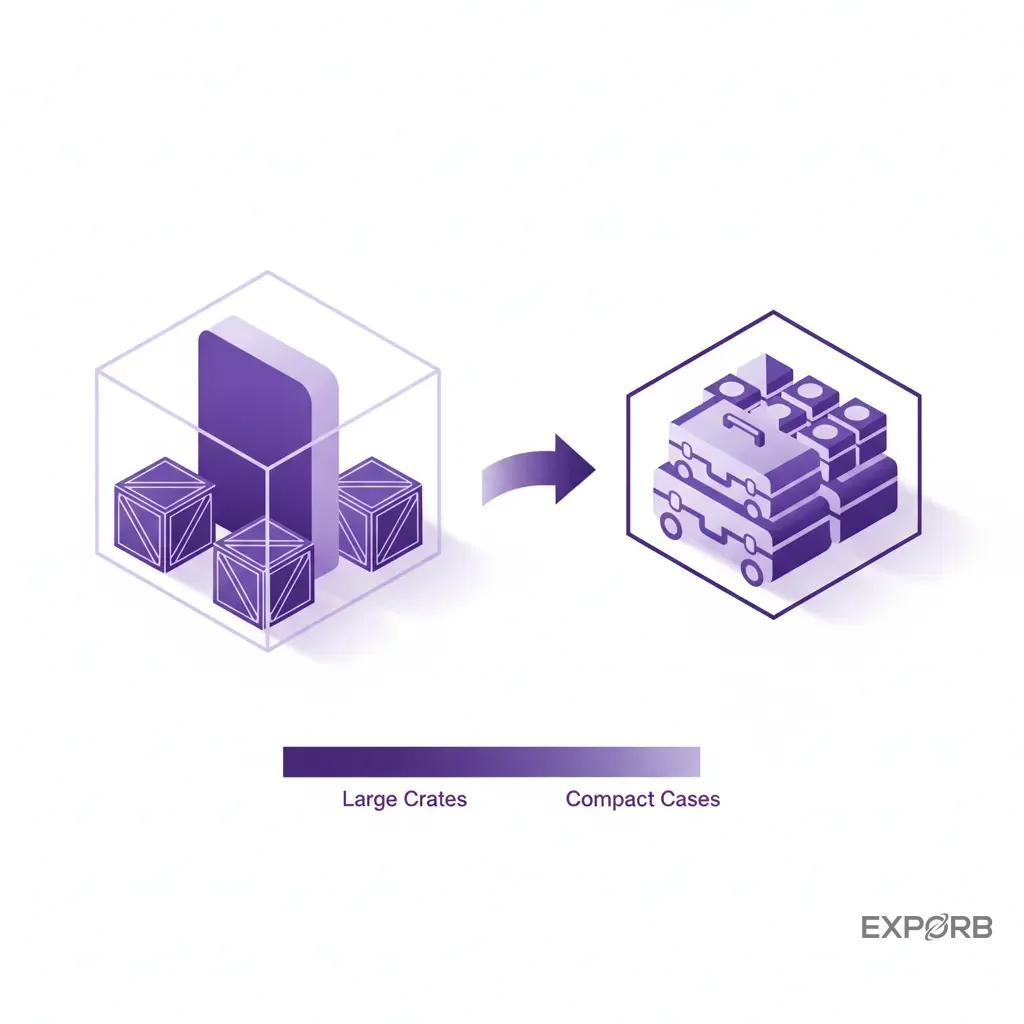 Comparison infographic showing the packing volume of a custom booth in large crates versus a modular booth in compact wheeled cases.