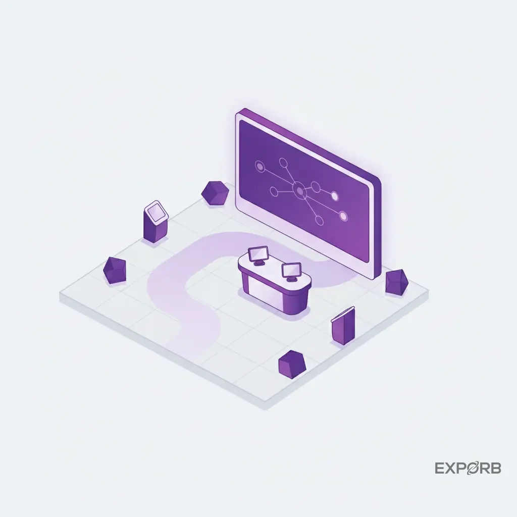 Illustration of a 10x10 modular booth layout for a SaaS company, featuring a large backlit graphic and a small demo counter.
