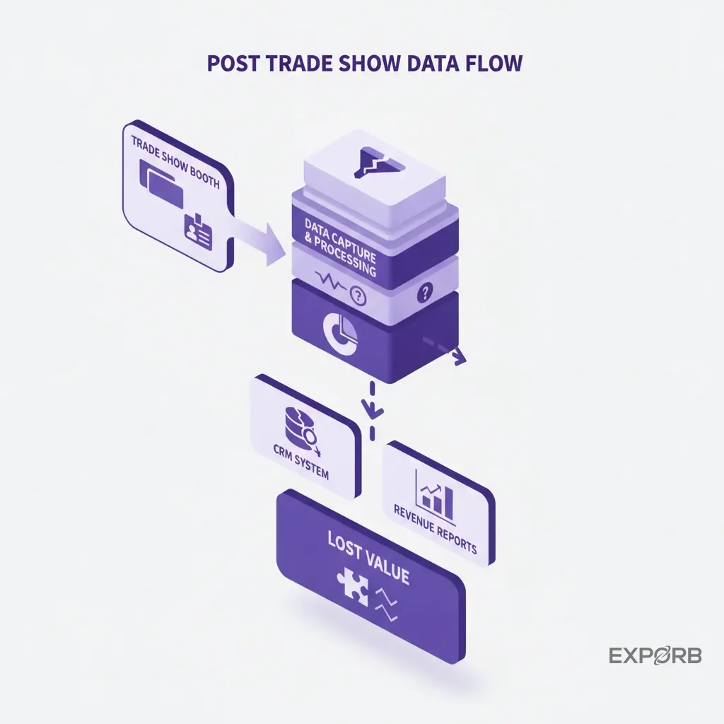 Diagram showing a broken data flow from trade show booth to CRM and revenue reports.