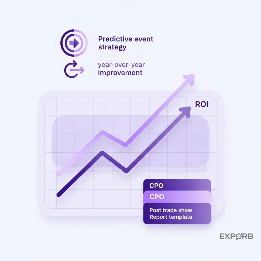 A line graph showing year-over-year improvement in trade show KPIs like CPO and ROI.