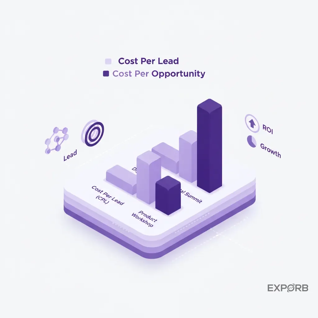 Bar chart comparing Cost Per Lead (CPL) and Cost Per Opportunity (CPO) for different events.
