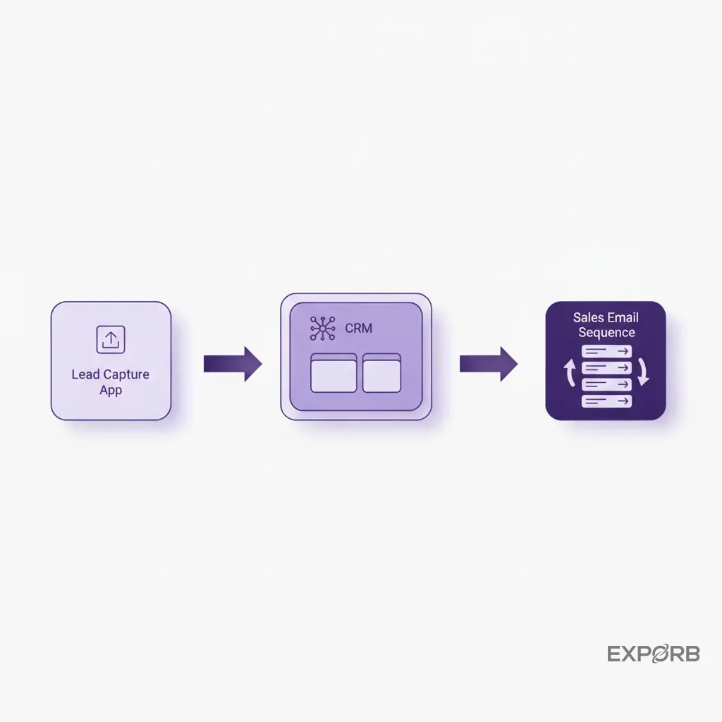 Flowchart showing the automated handoff from a lead capture app to a CRM and then into a sales email sequence.