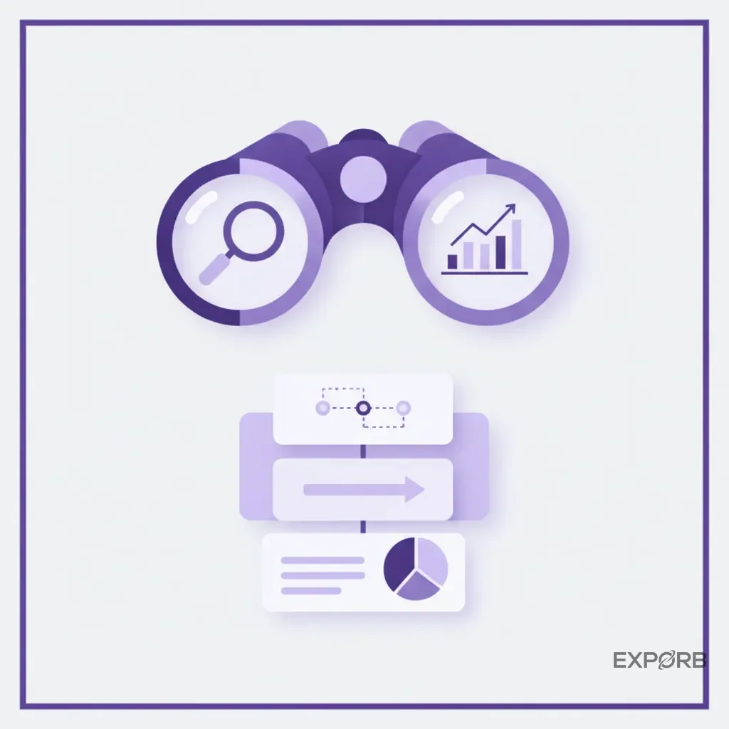 Icon composition showing binoculars, a magnifying glass, and a chart, representing competitor and market analysis.