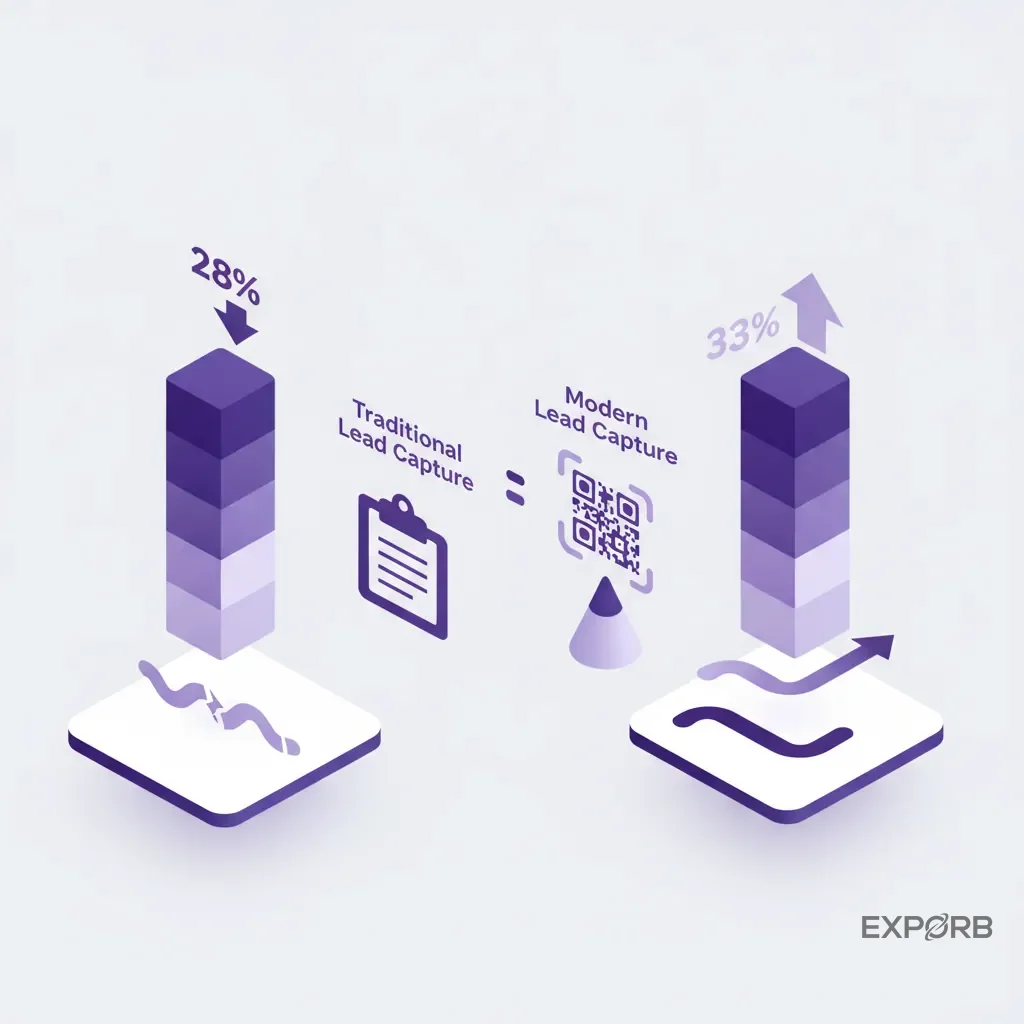 Bar chart showing a 28% reduction in sales cycle length and a 33% increase in booth engagement for teams using modern lead capture vs. traditional methods.