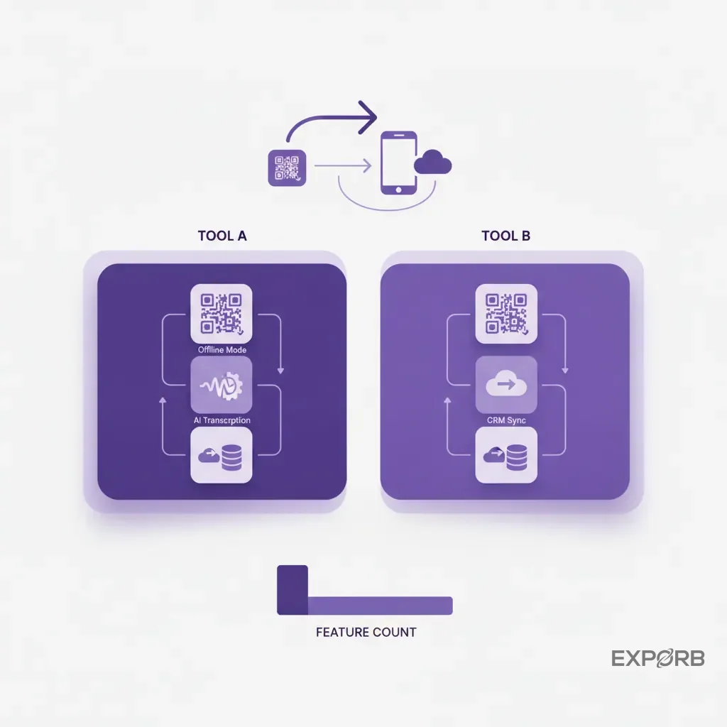 Comparison infographic of different lead capture tools, highlighting features like offline mode, AI transcription, and CRM sync.