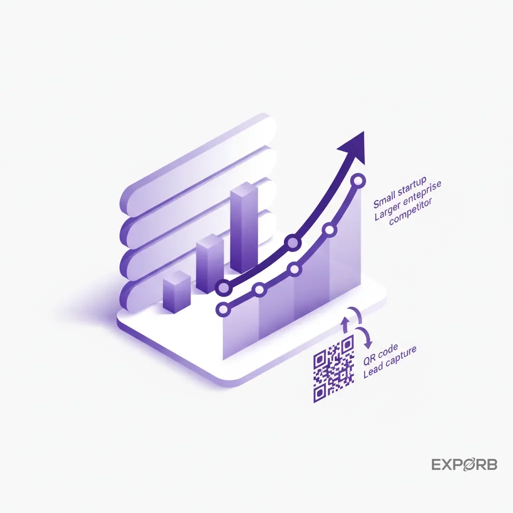 Infographic showing a small startup's lead growth chart steeply rising past a larger, slower enterprise competitor's chart at a trade show.