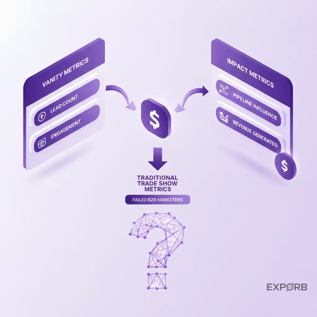 Diagramm, das Vanity Metrics wie Lead-Anzahl zeigt, die auf ein Fragezeichen zeigen, während Impact Metrics wie Pipeline-Einfluss auf ein Dollarzeichen zeigen.