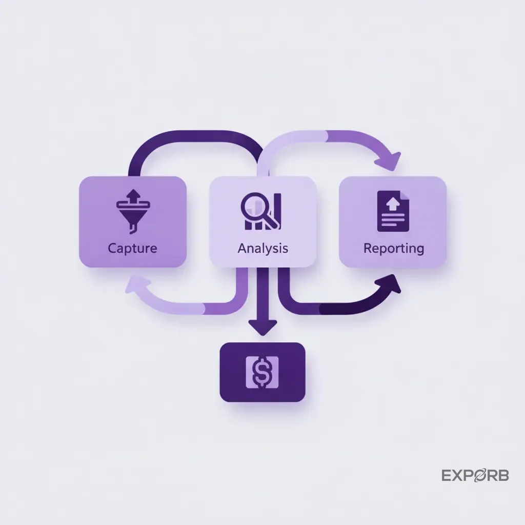 Flussdiagramm, das die drei Säulen eines modernen Analyse-Frameworks zeigt: Erfassung, Analyse und Reporting, die zur Umsatz-Attribution führen.