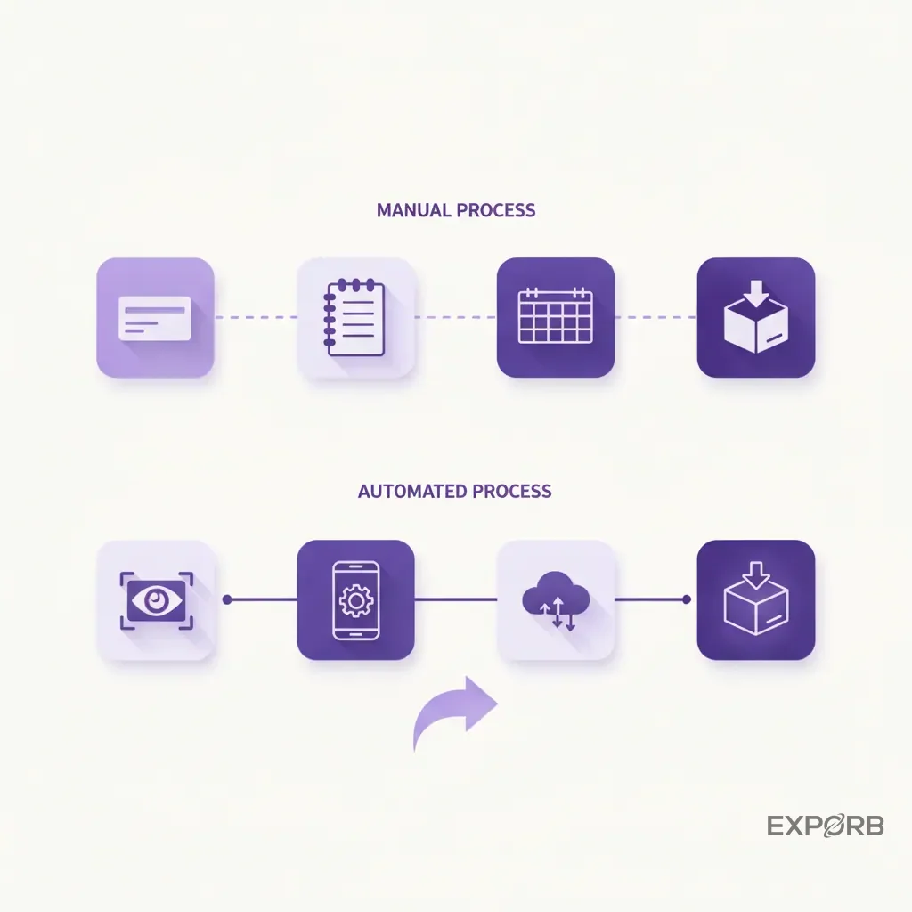 Vergleichsdiagramm, das einen manuellen Dateneingabeprozess (Karte -> Notizblock -> Tabelle -> CRM) und einen automatisierten Prozess (KI-Scan -> App -> CRM) zeigt.