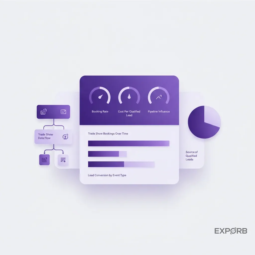 Infografik von einem KPI-Dashboard, das Anzeigen und Diagramme für Metriken wie Meeting-Buchungsrate, Kosten pro qualifiziertem Lead und Pipeline-Einfluss zeigt.