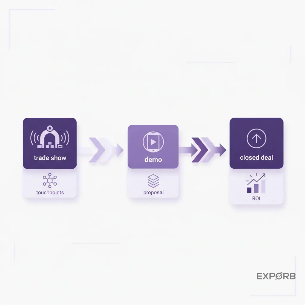 Diagramm, das ein Event-Attributionsmodell illustriert. Es zeigt Touchpoints von einem Messegespräch, die zu einer Demo, einem Angebot und einem abgeschlossenen Geschäft führen.