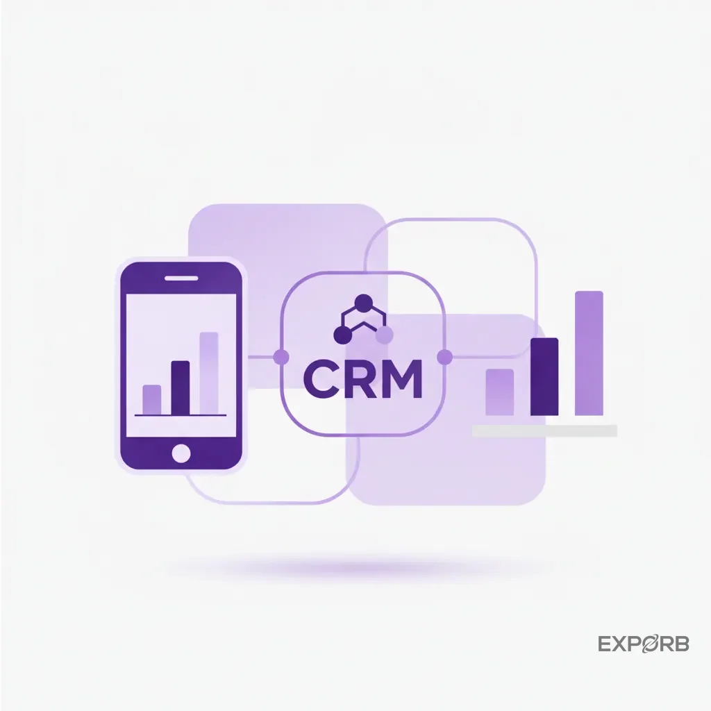 Symbolkomposition, die ein Smartphone, ein CRM-Logo und ein einfaches Balkendiagramm zeigt. Sie repräsentieren zugängliche Analyse-Tools für kleine Teams.