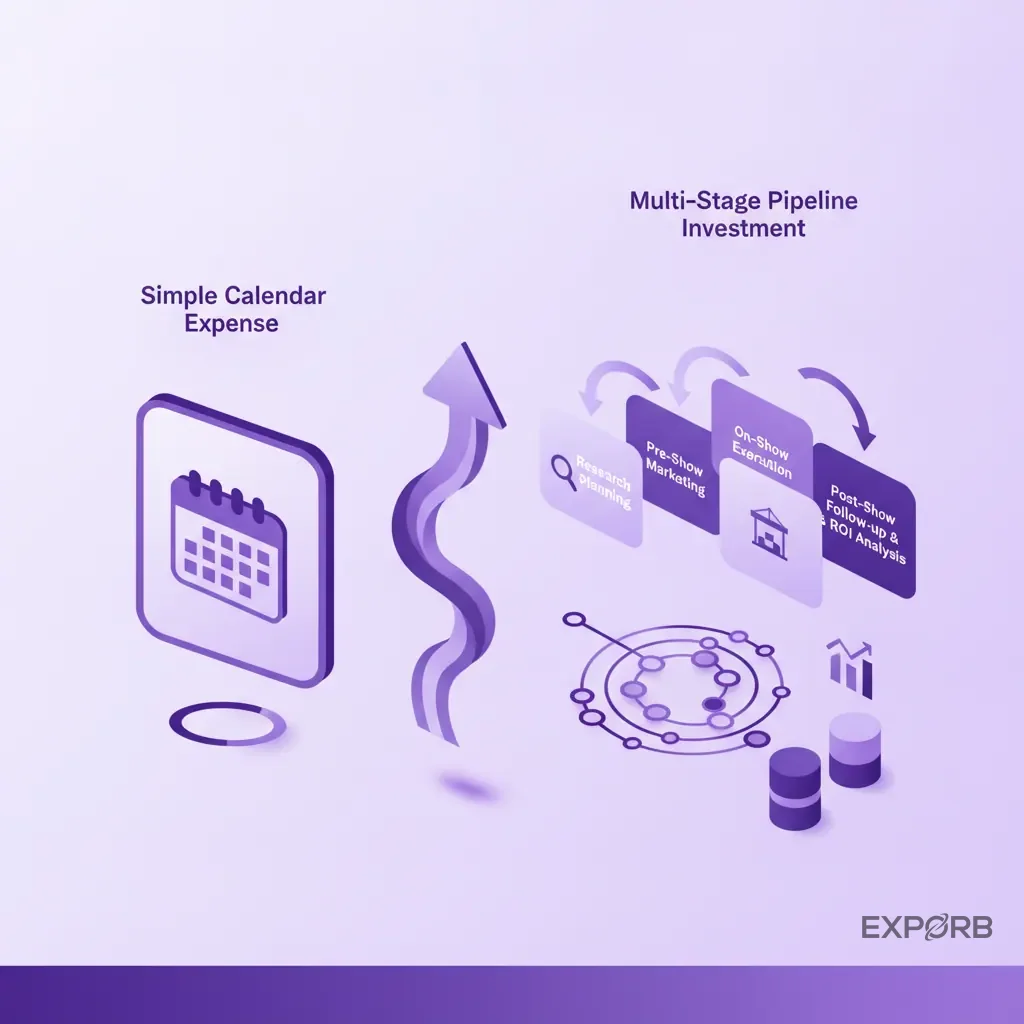 Diagram showing the shift from a simple calendar expense to a multi-stage pipeline investment for a trade show budget.
