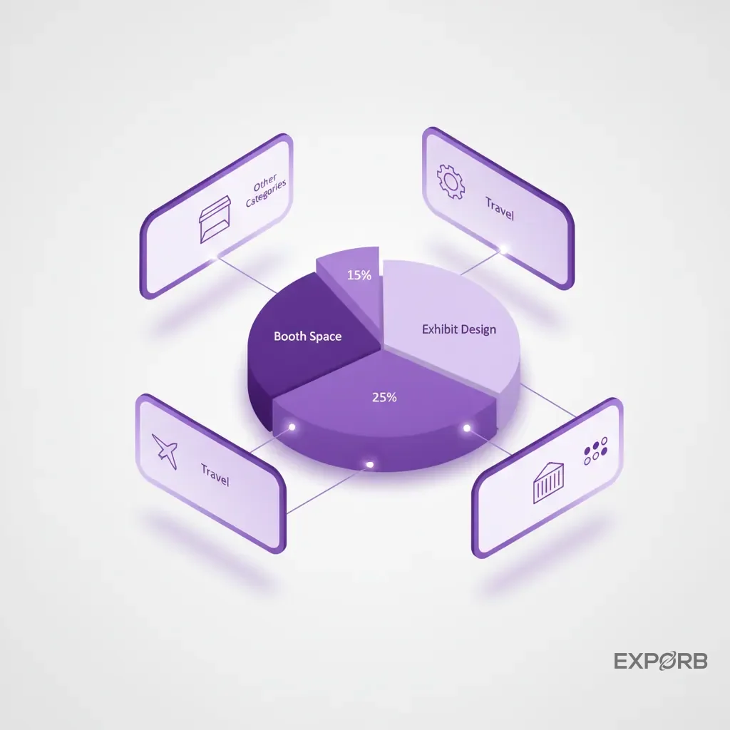 Pie chart infographic breaking down trade show costs by percentage: booth space, exhibit design, travel, shipping, and other categories.
