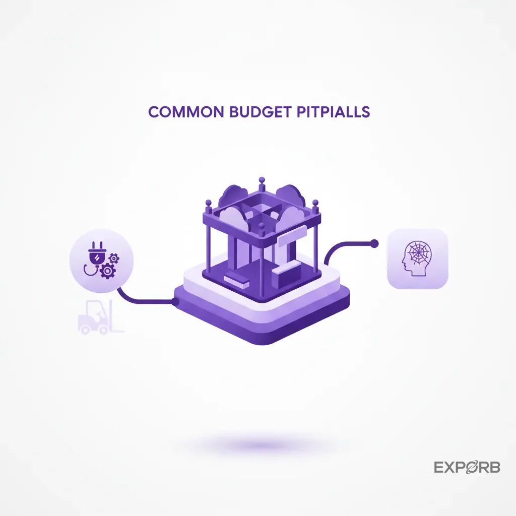 Icon composition showing common budget pitfalls: an overly elaborate booth, hidden cost icons like a power plug and forklift, and a lead icon with a cobweb.