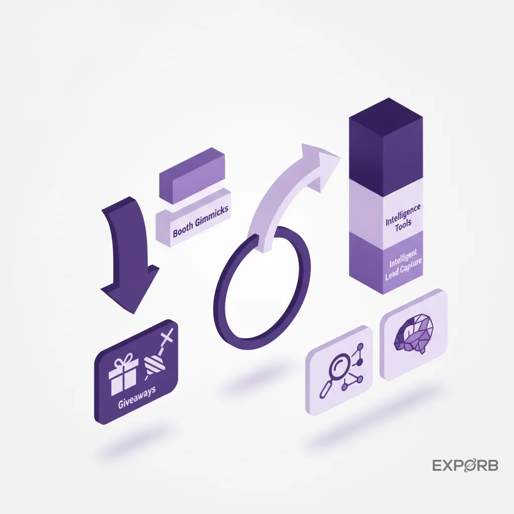 Infographic showing a budget reallocation from giveaways and booth gimmicks to intelligent lead capture and conversation intelligence tools.