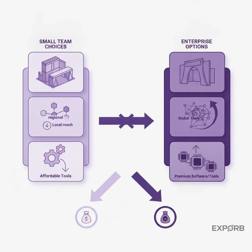 A comparison infographic showing the cost-effective choices for small teams (modular booth, regional shows, affordable tools) versus enterprise options.