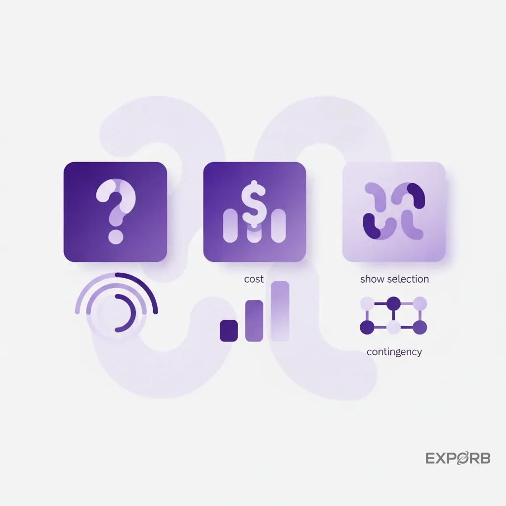 A simple icon composition featuring a question mark, a dollar sign, and a map to represent common questions about cost, contingency, and show selection.