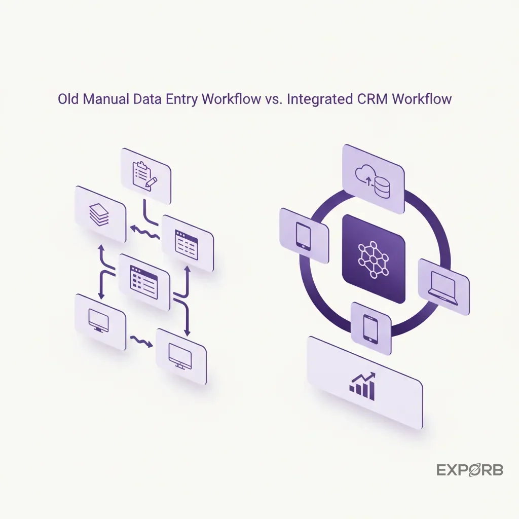 Diagram showing the old manual data entry workflow versus a modern, integrated CRM workflow for trade shows.