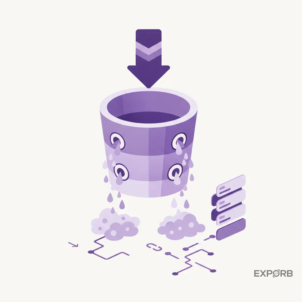 Infographic showing a leaky bucket labeled 'Trade Show Leads' with holes for 'Manual Entry Errors,' 'Delayed Follow-up,' and 'Lost Context.' 