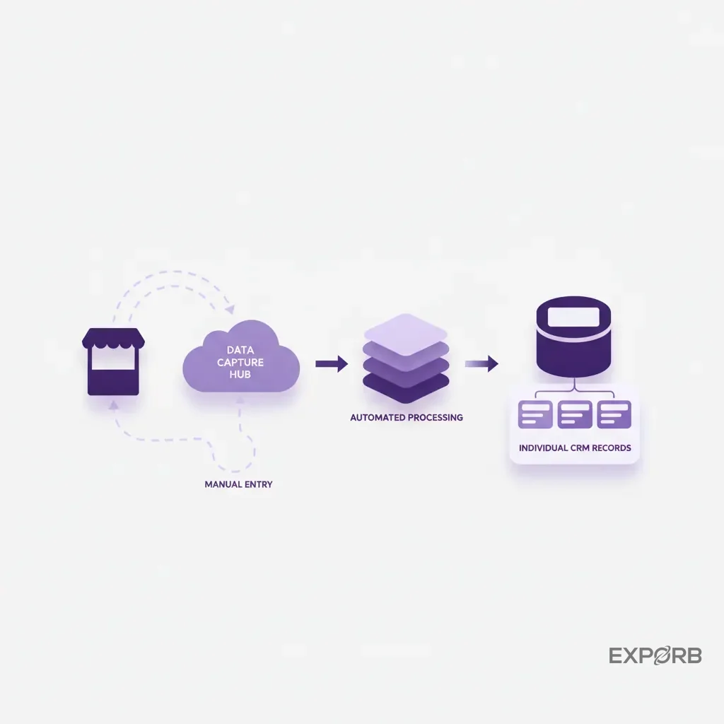 Flowchart illustrating the direct path from a booth conversation to a CRM record, bypassing manual data entry steps.