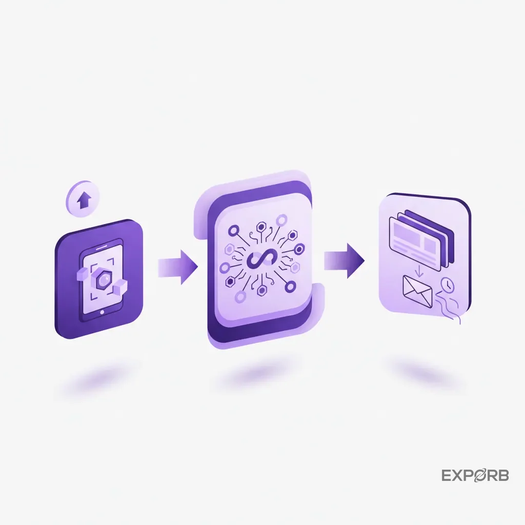 Three-step process flow diagram: 1. Capture at Booth, 2. AI Structuring & Sync, 3. Automated CRM Follow-up.