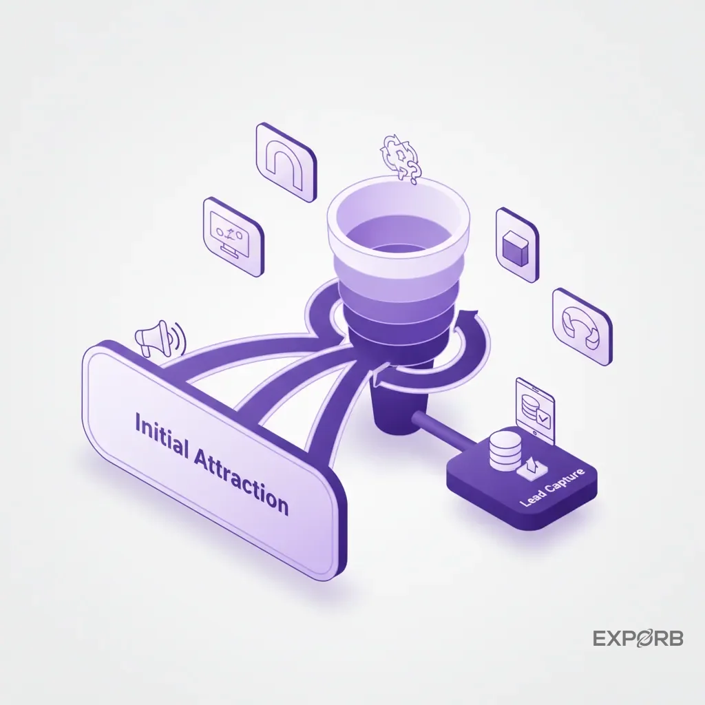 Diagram showing a sales funnel integrated into a trade show booth layout, from initial attraction to lead capture.
