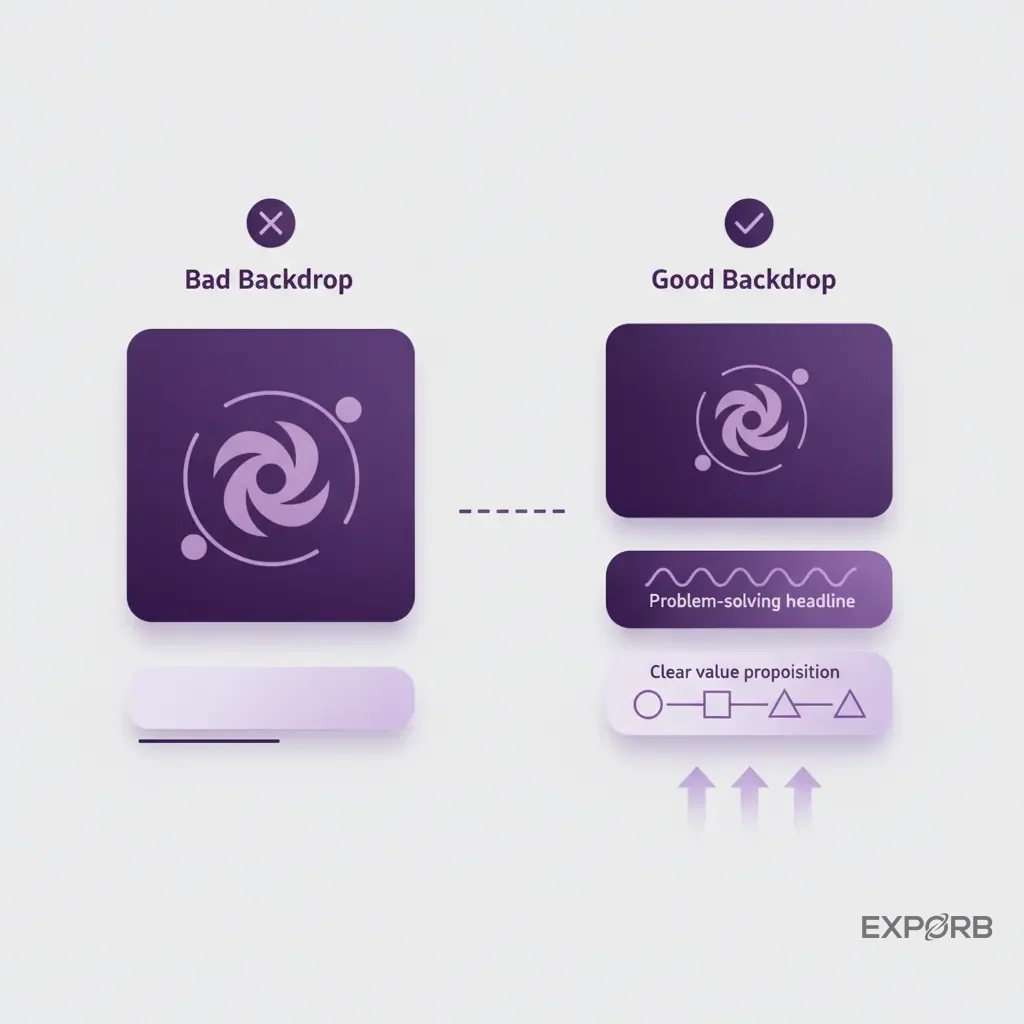 Infographic comparing a bad backdrop (logo only) with a good backdrop (logo, problem-solving headline, and clear value proposition).