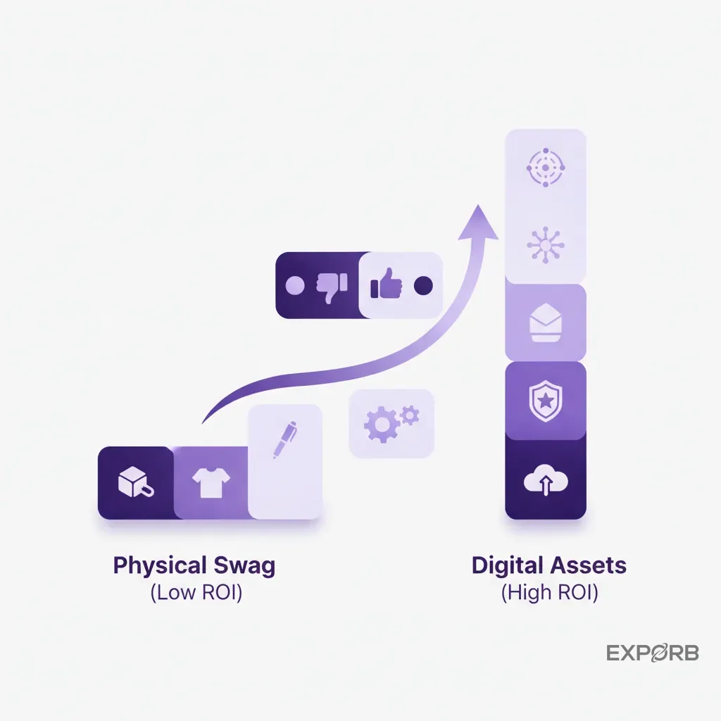 Chart comparing the ROI of physical swag (low) versus valuable digital assets (high).