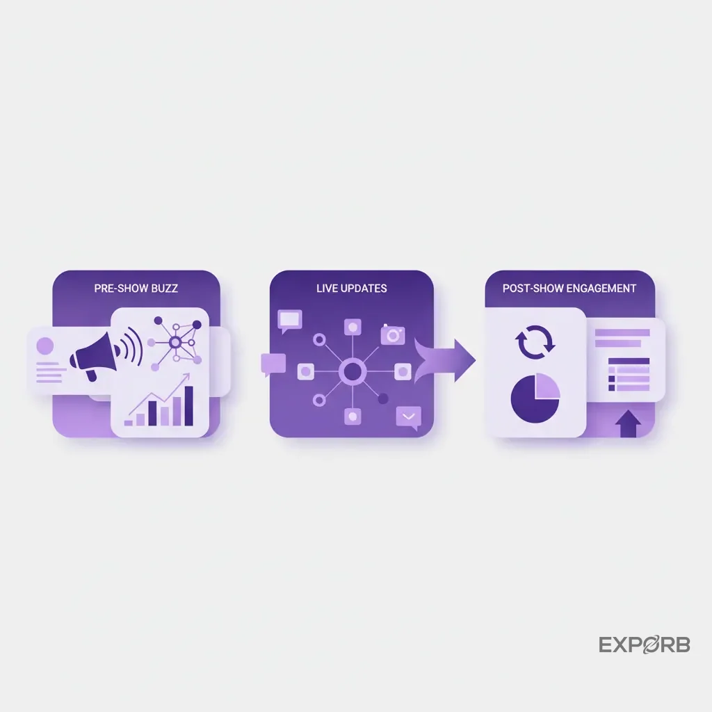 Infographic showcasing a social media timeline for a trade show: pre-show buzz, live updates, and post-show engagement.