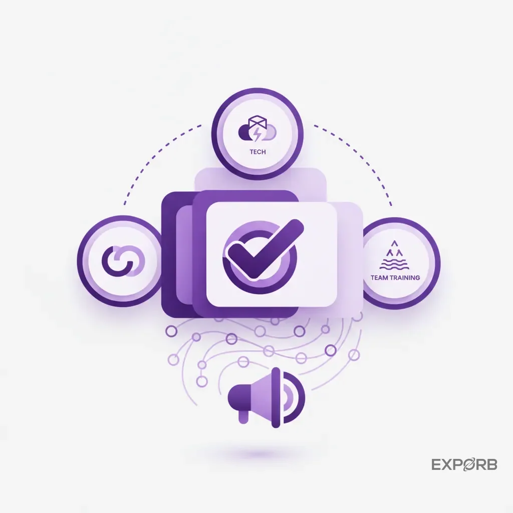 Checklist icon composition covering key areas of trade show preparation: partners, tech, and team training.