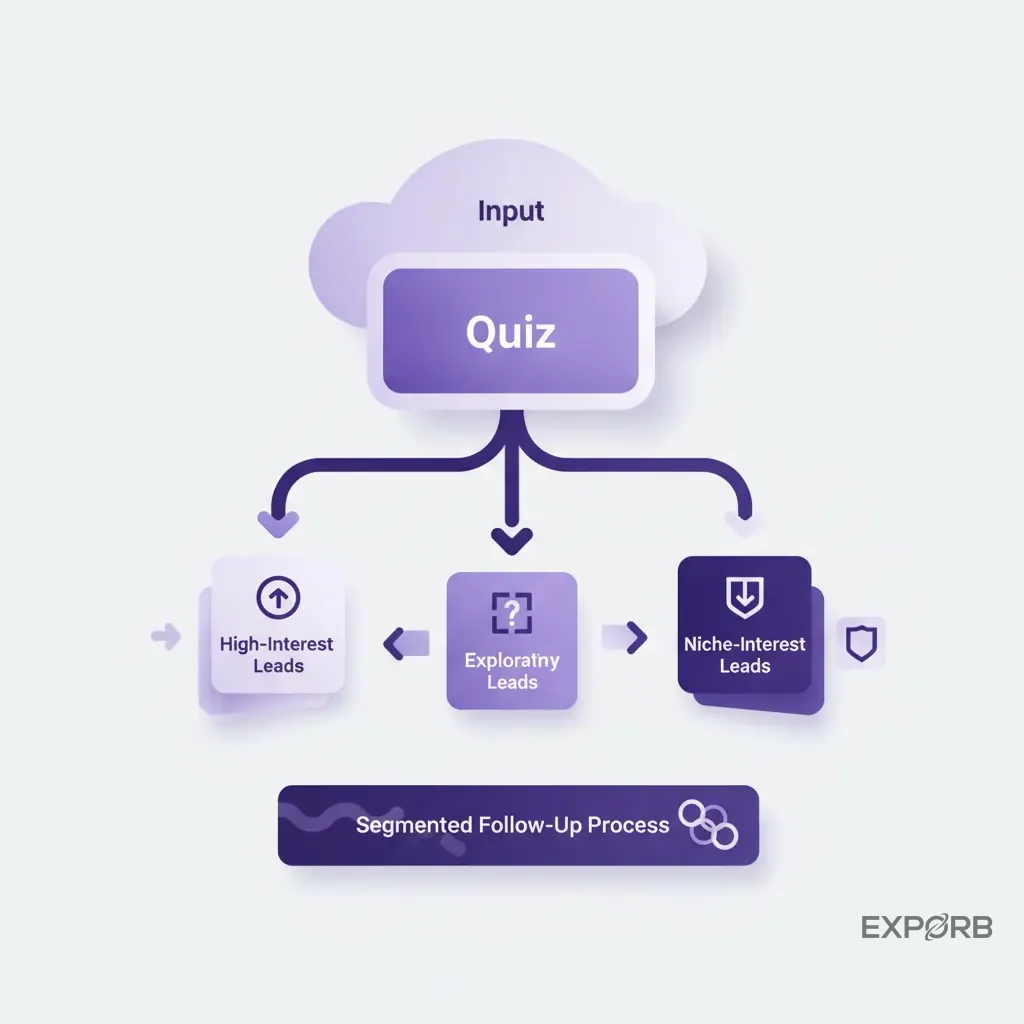 Flowchart illustrating how a quiz with branching logic segments attendees into different lead categories.
