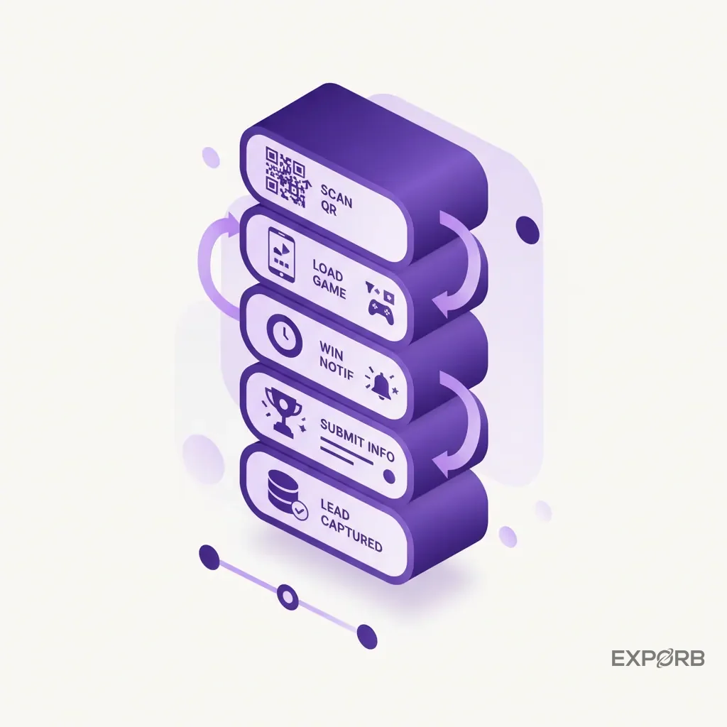 A step-by-step infographic showing the 60-second QR code game flow from scan to lead submission.