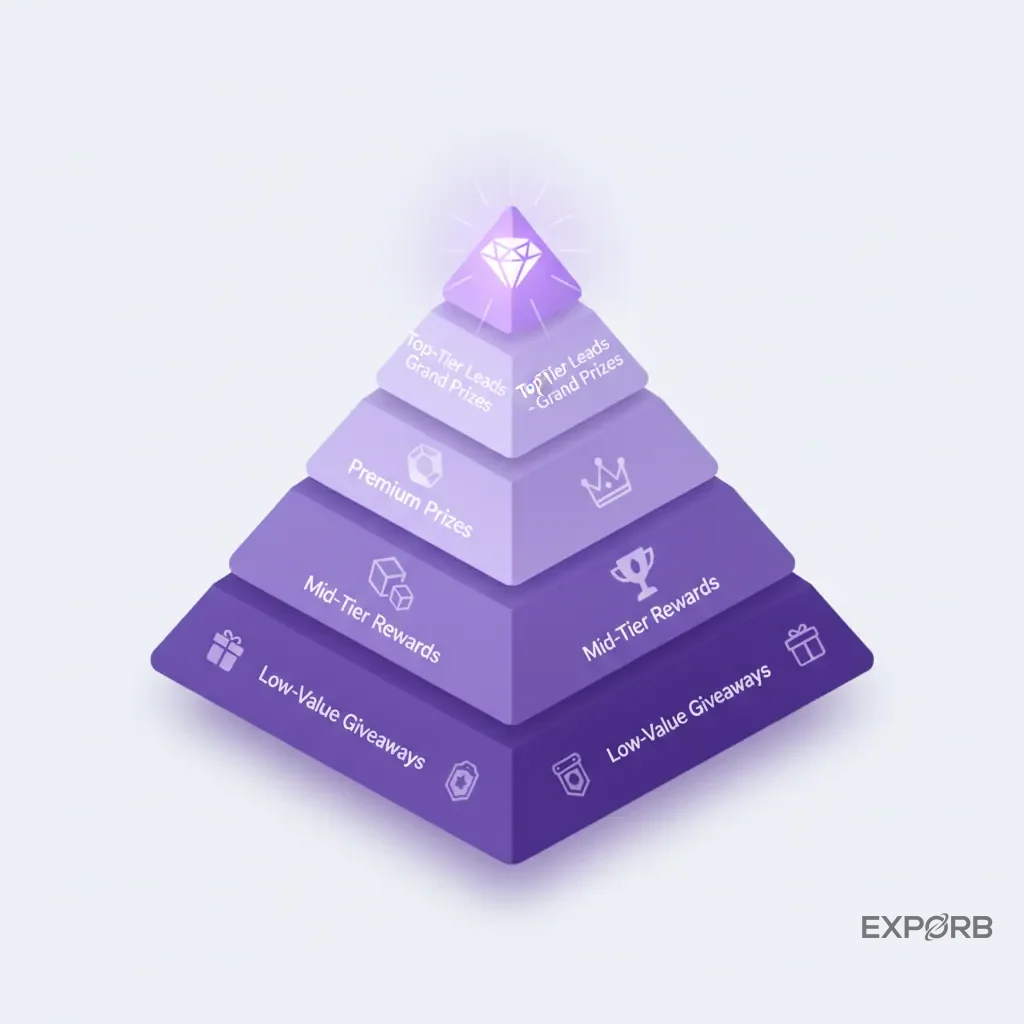 A pyramid diagram illustrating a tiered prize strategy, from low-value giveaways at the base to high-value prizes for top-tier leads at the peak.