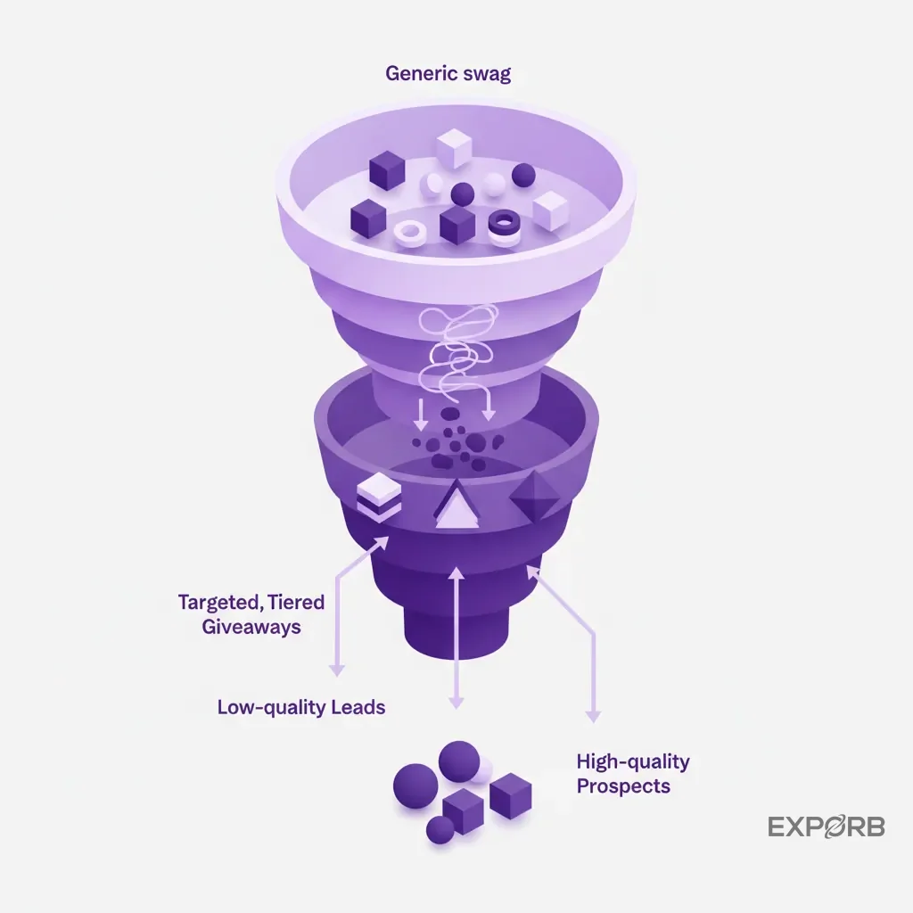 Diagram showing a funnel where generic swag attracts low-quality leads and targeted, tiered giveaways attract high-quality prospects.