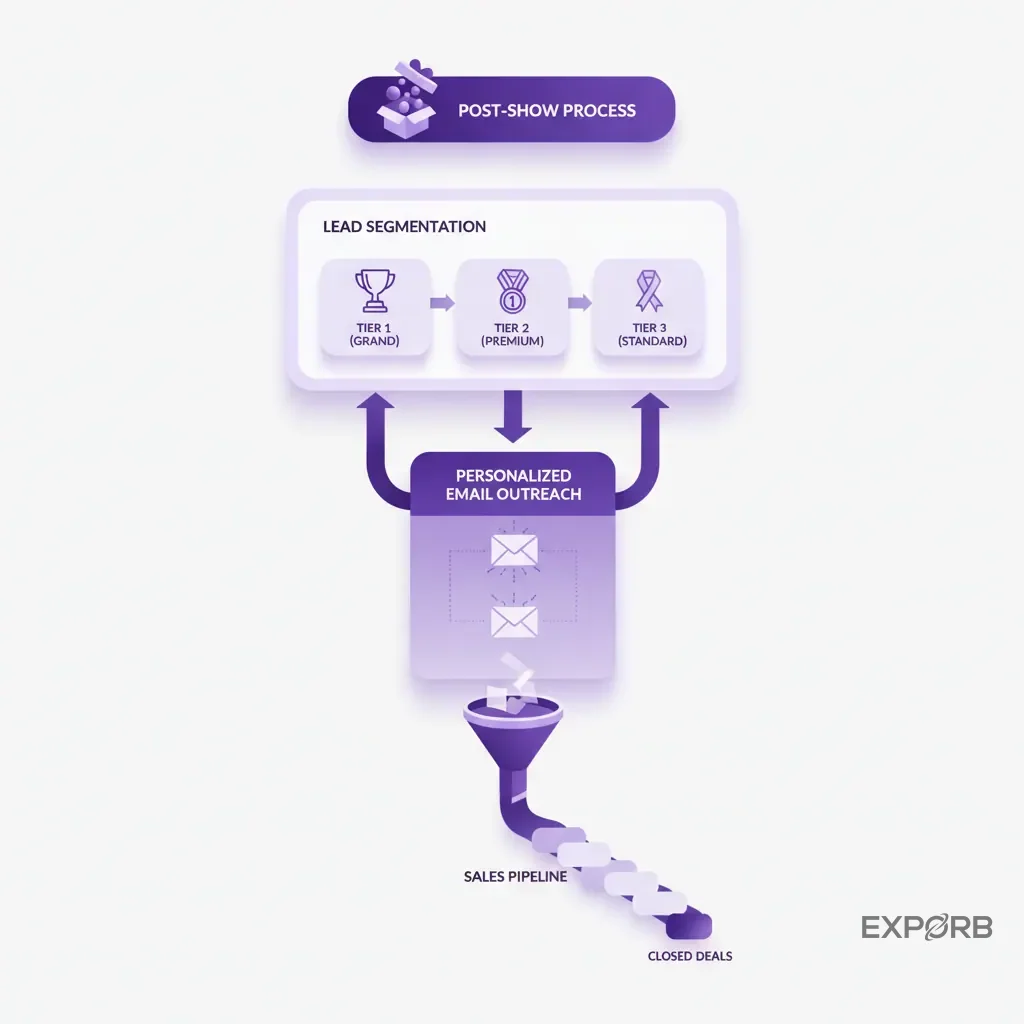 A flow diagram showing the post-show process: leads are segmented by giveaway tier, leading to personalized email outreach, which then fills the sales pipeline.