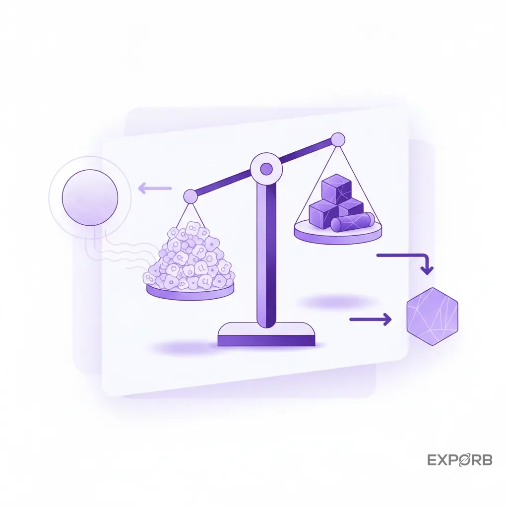 A diagram of a balance scale, with one side having a large volume of low-quality leads and the other side having a smaller volume of high-quality, high-intent leads.