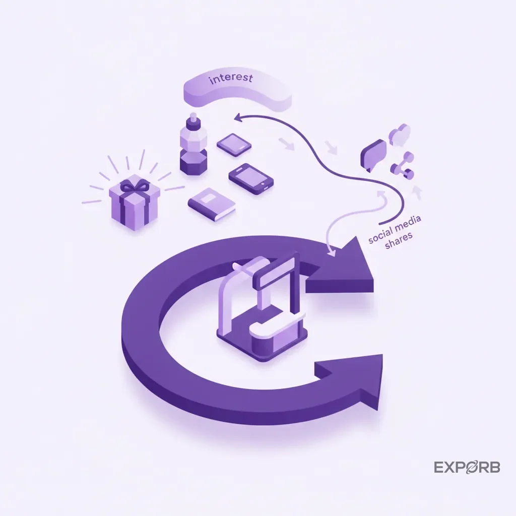 Infographic showing a 'buzz loop': custom swag creates interest, which leads to booth visits, which generates social media shares, driving more interest.