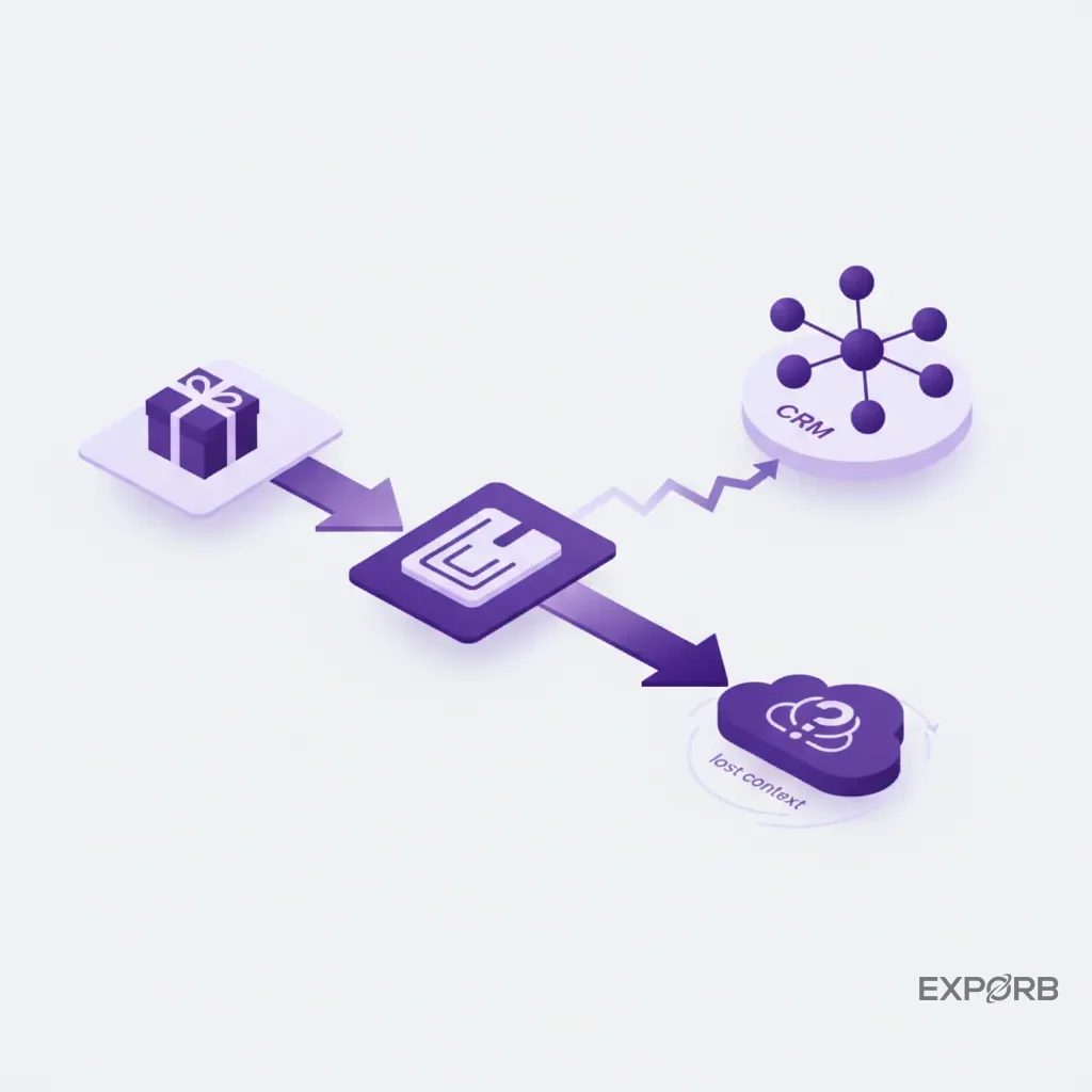 Flow diagram showing a disconnect: a giveaway is exchanged for a business card, but the conversation context is lost and does not reach the CRM.
