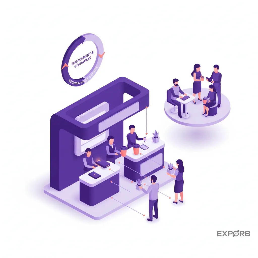 Trade show attendees engaging with booth staff and receiving giveaways